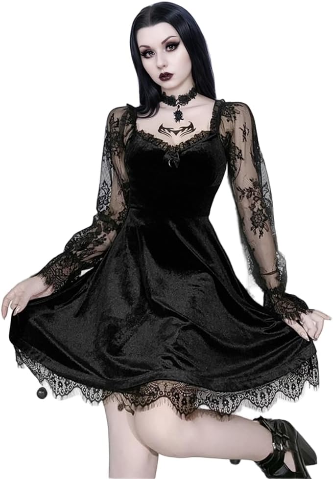 LANSHULAN Store Lace Long Sleeve Dress Black Draped Bodycon Goth Vintage Dresses Clothes - Image 1